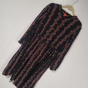 Long Black Floral Peasant Dress, Draw String Waist, Button Up Top, Side Pockets